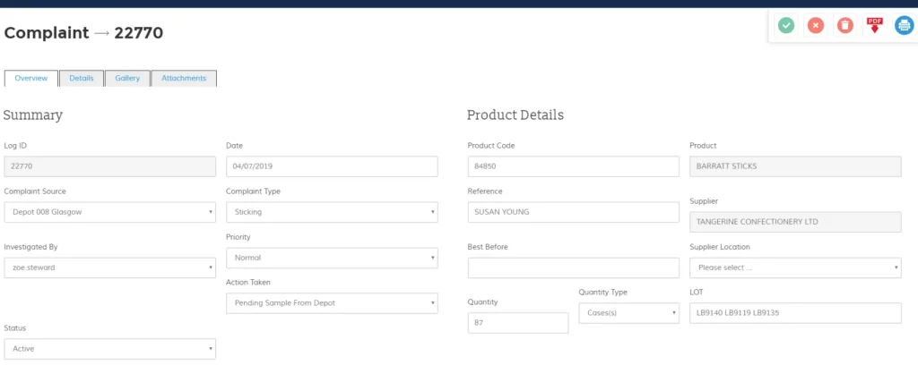 Complaint detail screen